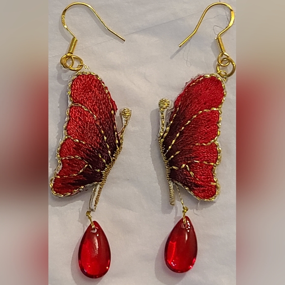 STERLING SILVER GOLD PLATED EMBROIDERED BUTTERFLY WINGS GLASS TEARDROP EARRINGS - Picture 7 of 9